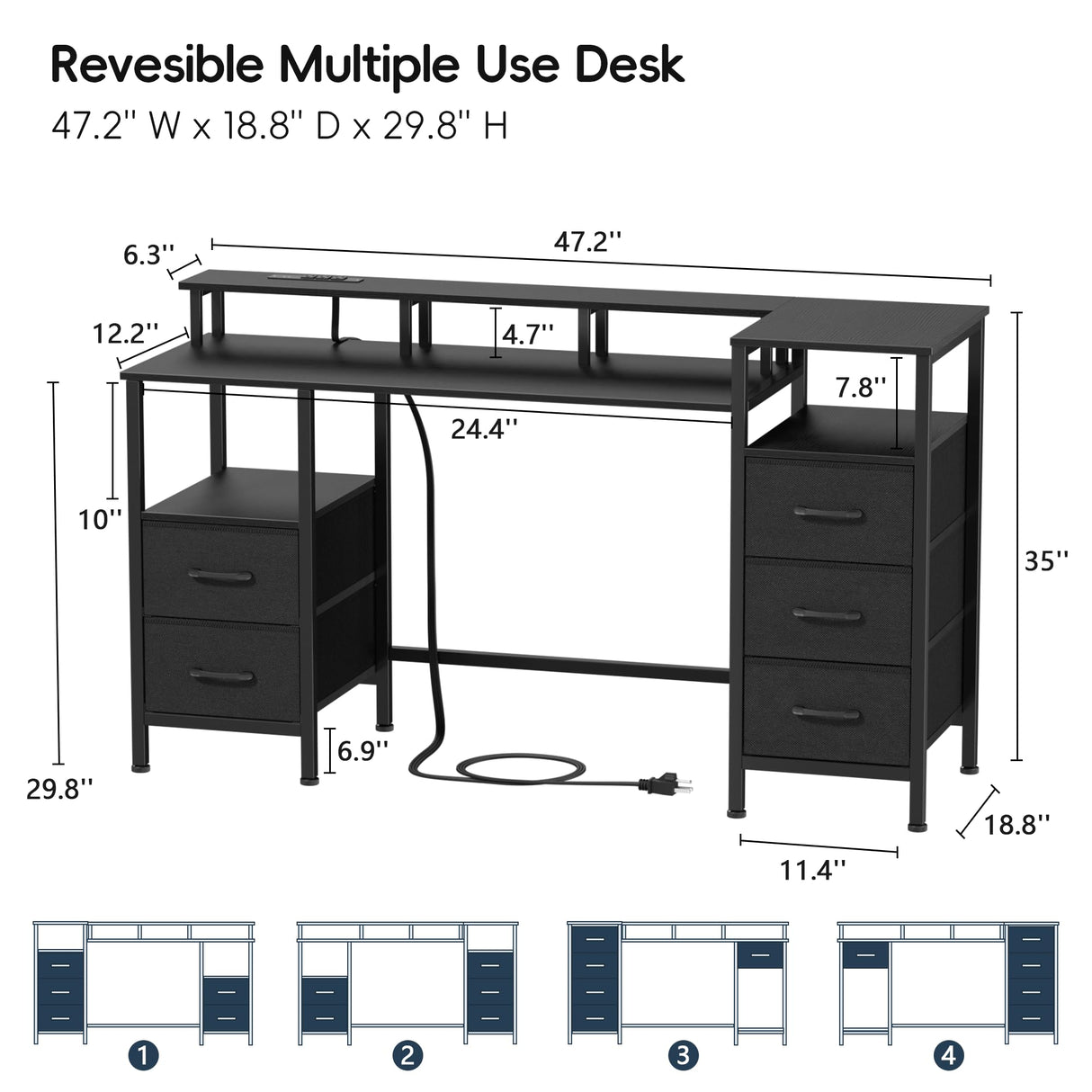 Korfile Computer Desk with Power Outlets & LED Lights, Gaming Desk with 5 Fabric Drawers for Bedroom, 47 Inch Home Office Desk with Monitor Stand & Storage Shelves for Working, Black Korfile