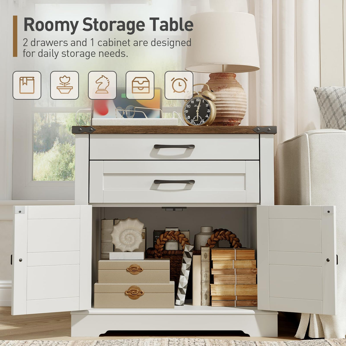 RALGEND Farmhouse End Table with Charging Station, 24'' Sofa Side Table with 2 Drawers and Barn Door, Large Rustic Wooden Square Nightstand for Bedroom, Living Room, White and Walnut RALGEND