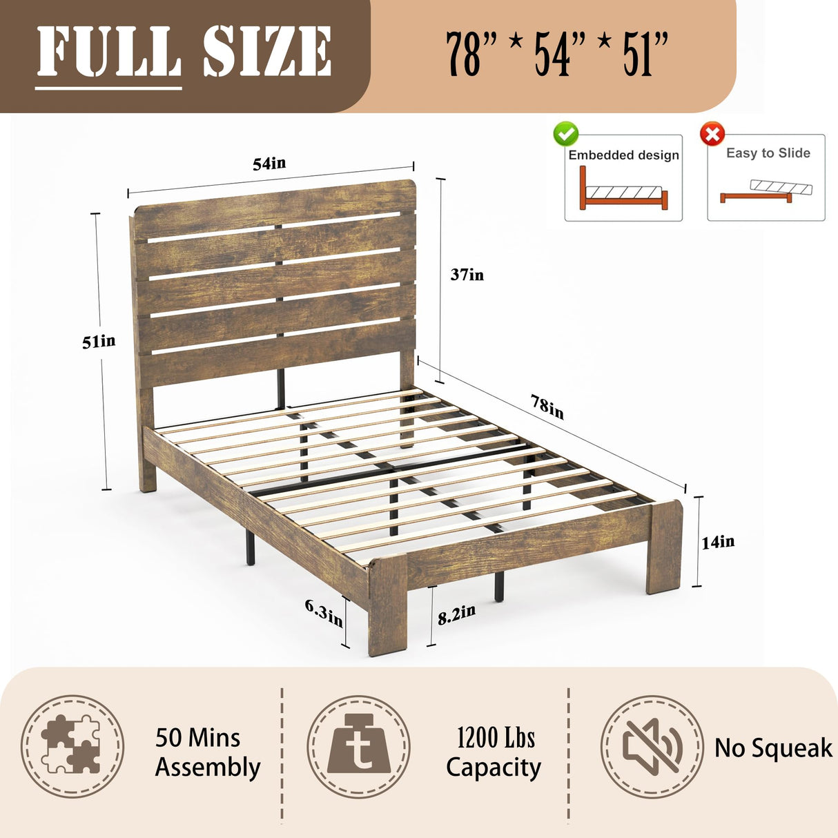 SAMTRA Wooden Full Size Bed Frame with Headboard, Rustic Farmhouse Platform Bedframe with Wood Slat Support, Sturdy and No Noise, Easy Assembly (Light Brown/Linear Headboard, Full) SAMTRA