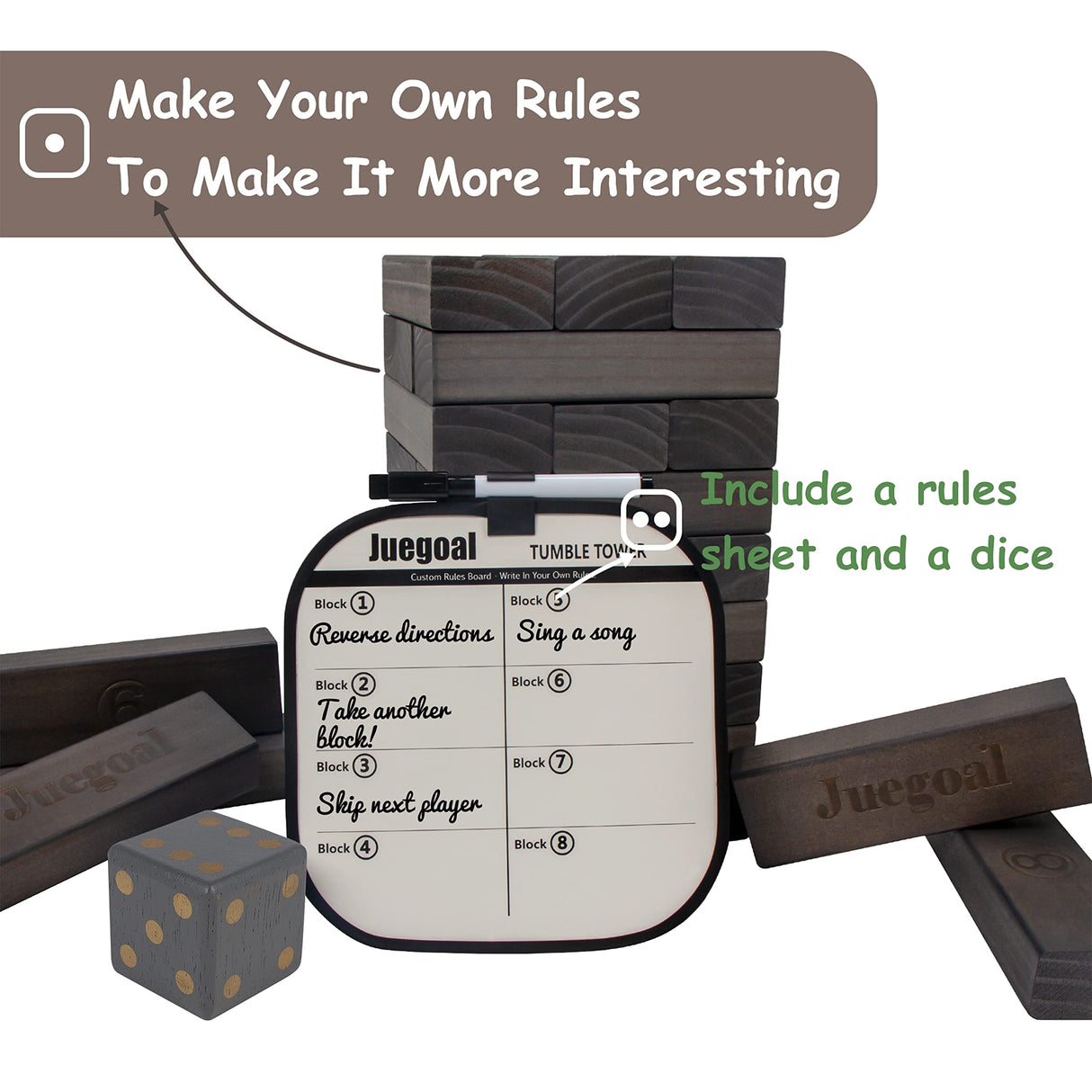 Juegoal 54 Pieces Giant Tumble Tower Blocks Game Giant Wood Stacking Game with 1 Dice Set, Gameboard, Canvas Bag for Adult, Kids, Family, Grey Juegoal