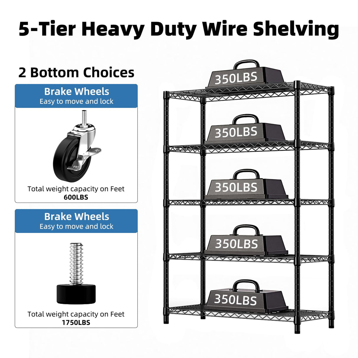 ALYIAMXL 5-Tier Steel Storage Shelving Unit with Wheels,1750 LBS Capacity Adjustable Utility Rack,Organizer Wire Shelves for Garage,Kitchen,Office,17.7" D x 47.2" W x 72.3" H ALYIAMXL