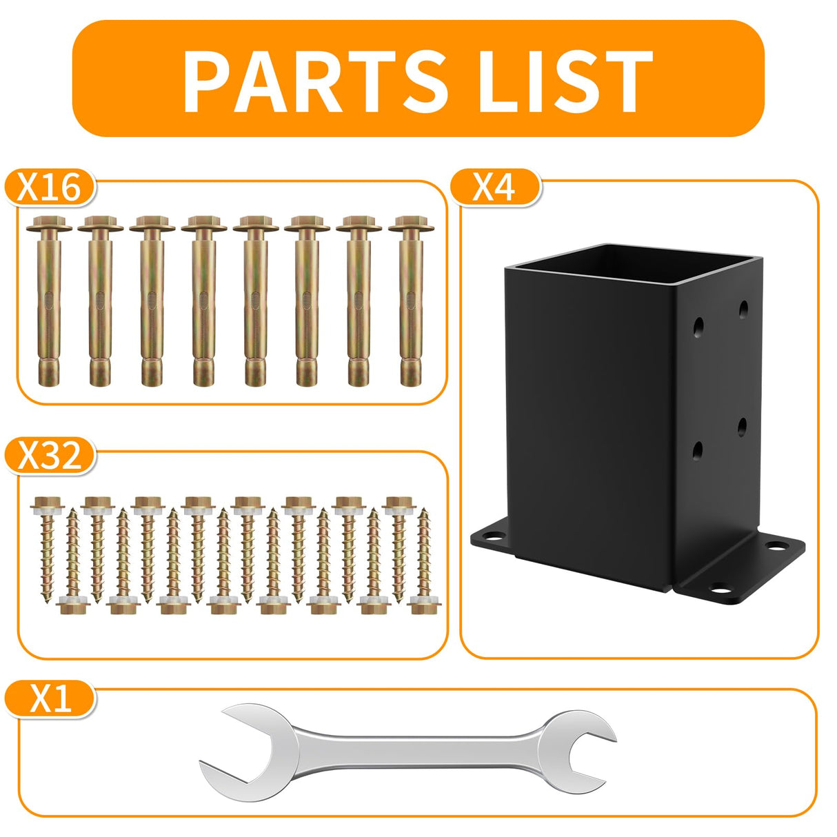 AOSTD 4x4 Post Base 4 Pcs- Inner Size 3.5x3.5 Inch Wood Fence Post Anchor - 13 Gauge Heavy Duty Solid Steel Black Powder-Coated Railing Post Brackets for Support Deck, Pergola - Includes Screws AOSTD