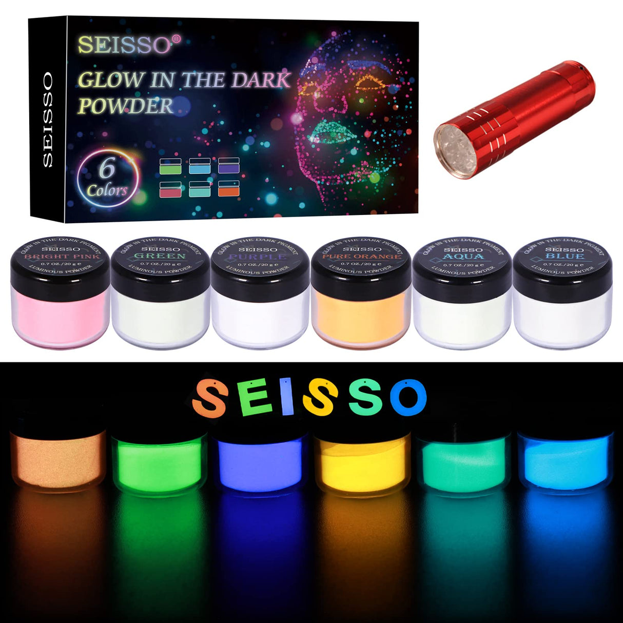 Glow in The Dark Powder Pigment with Flashlight, 120g Luminous Powder Dye Set, 20 g/0.7oz Each, Neutral and Fluorescent Colors for Various Activities, Evening Parties, Halloween, Nail Art, Crafts SEISSO