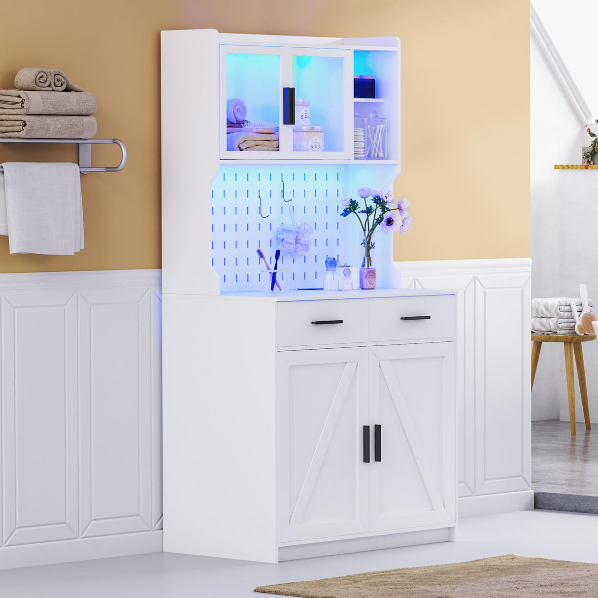 JDPAG LED Kitchen Pantry Cabinet with Outlets, Farmhouse Storage Cabinet with Drawers & Adjustable Shelves, Cupboard with Pegboard and Hooks for Dining Room (White), Large JDPAG