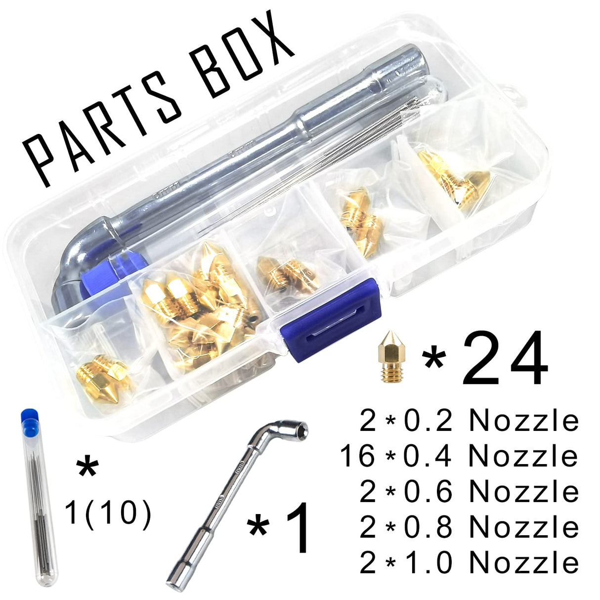 XIFOWE MK8 Nozzles 24 pcs 3D Printer Extruders Brass Nozzles 0.2mm, 0.4mm,0.6mm, 0.8mm, 1.0mm CR-10 Nozzle with DIY Tools and Metal Storage Box for CR-8 / CR-10 / Ender 3 / Ender 3S / 5/6 and so on… XIFOWE