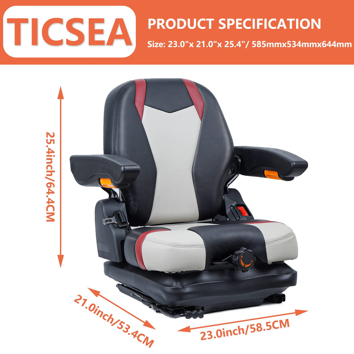 Highback Low Suspension Tractor Seat, Adjustable Backrest and Slide Rails Forklift Seat, Adjustable Armrests Shock Absorber Heavy Duty Seat for Toro Mower Excavator Harvester TICSEA