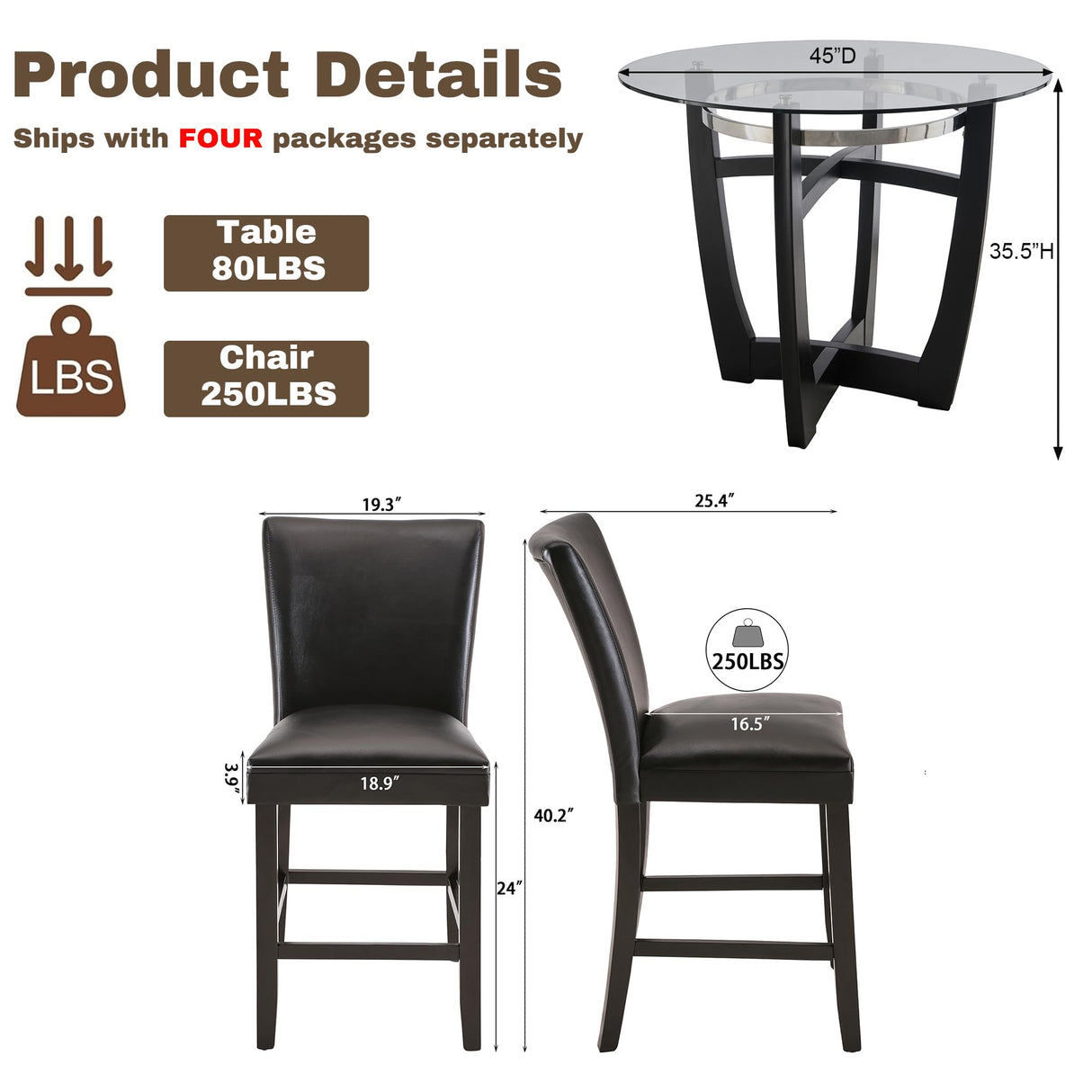 PADMA HOUSE Round Glass Pub Dining Set for 4, 45in Round Wood Modern Glass Counter Height Bar Table with 4 PU Leather Pub Stools 5 Piece Bistro Dining Table Chairs Set, Clear&Black PADMA HOUSE