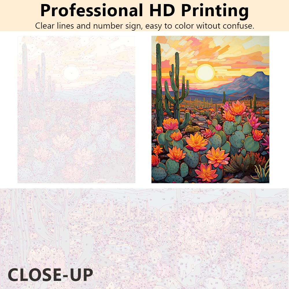 TUMOVO Adult Paint by Numbers Kits Desert Cactus Canvas Oil Painting Sunset in The Desert DIY Paint by Number for Adults Paint by Number Kits Drawing Paintwork - 16"x20", Frameless(Cactus Flower) TUMOVO