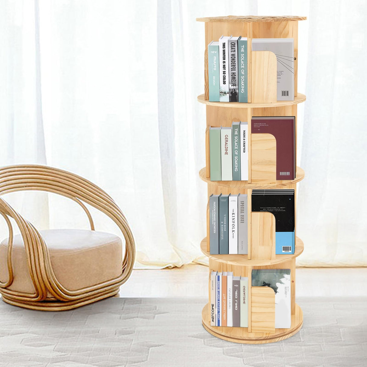 ZAWAYINE 4-Tier 360° Rotating Wooden Bookshelf with Stackable Shelves for Living Room and Office Storage ZAWAYINE