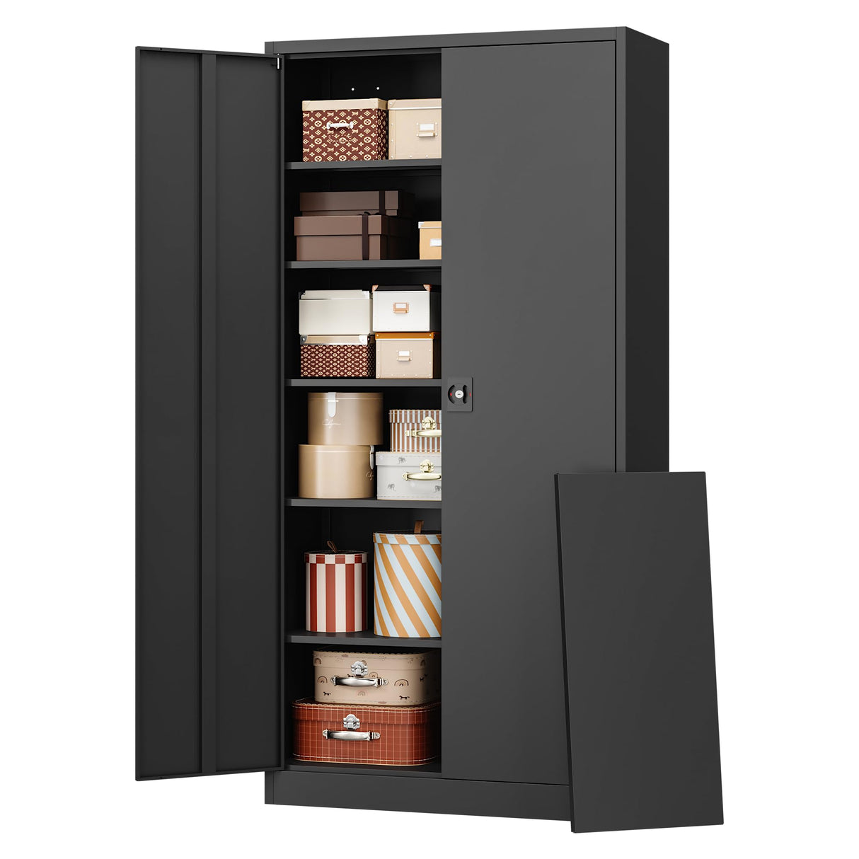 RAVIGIN Metal Garage Storage Cabinet with Lock, 71" Locking Tool Cabinet with 2 Doors and 5 Adjustable Shelves, Tall Steel Cabinet Garage for Home,Office,Warehouse,School (Black) RAVIGIN