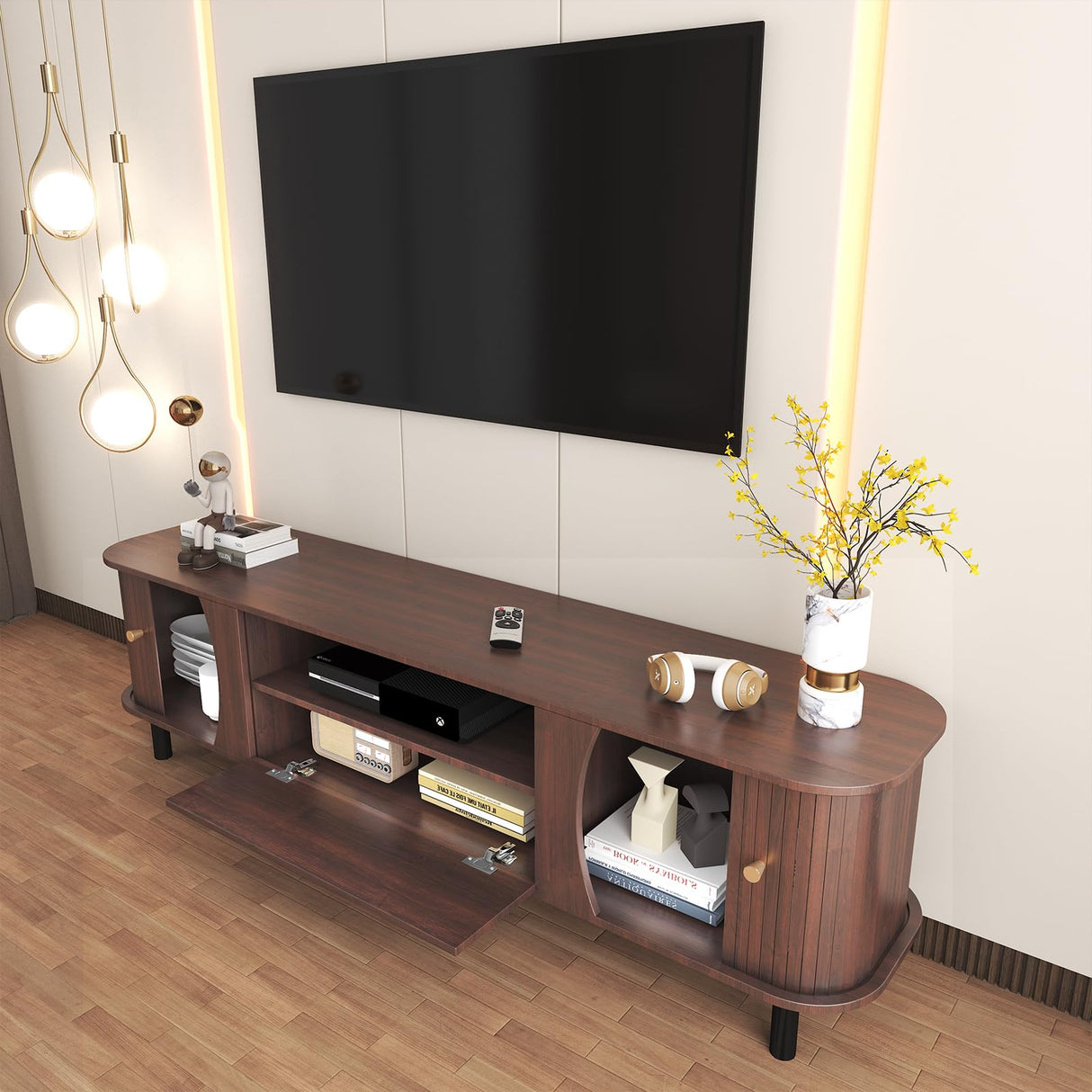 basenji Fluted TV Stand for 75" TV, Mid Century Modern TV Console with Sliding Door & Curved Round Edge, Farmhouse Wooden Entertainment Center TV Media Console Table for Living Room, Bedroom basenji