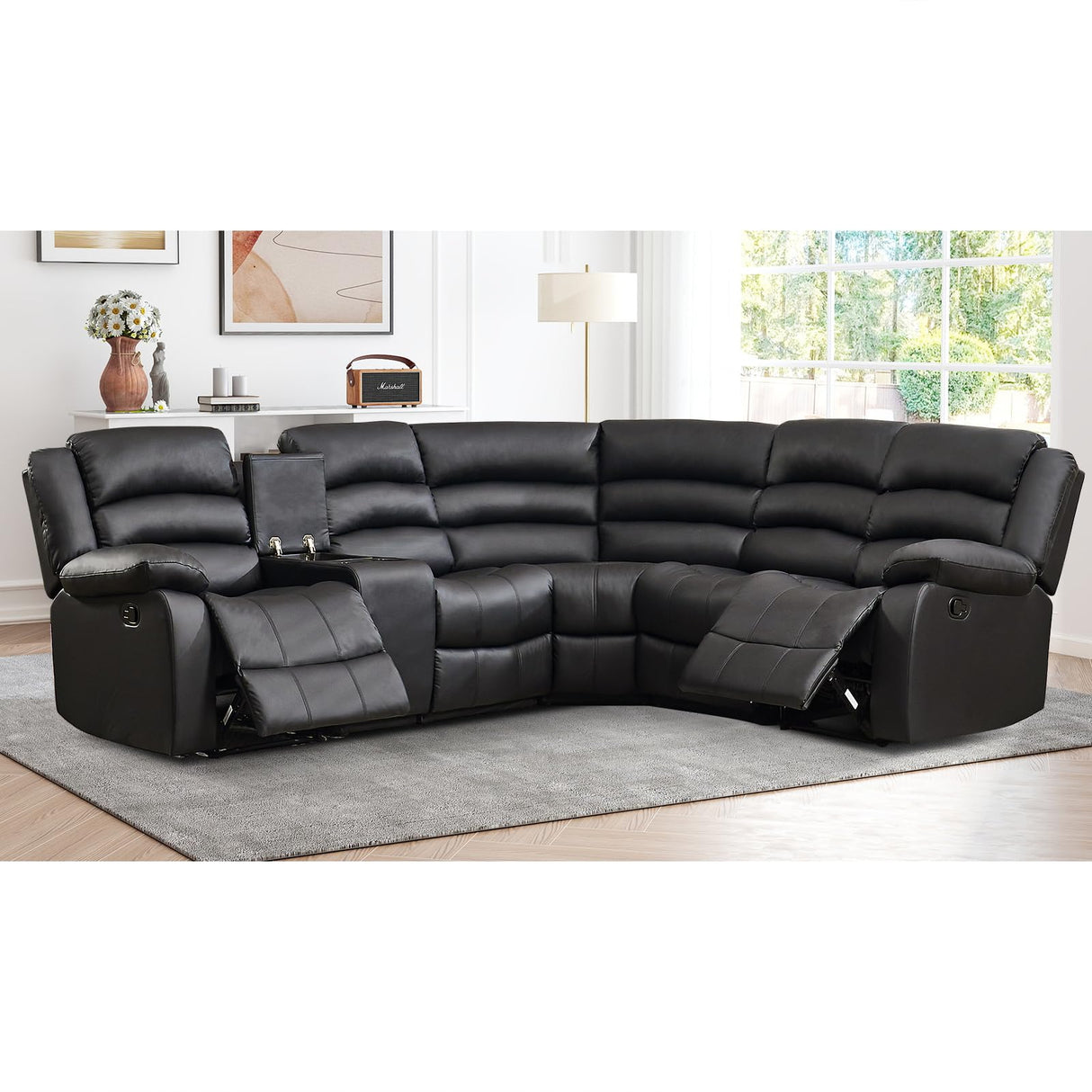 EBELLO Faux Leather L-Shaped Reclining Sectional Sofa Couch, Manual Recliner Sofa, with Cup Holders, Storage Space, a Convertible Backrest 5 Seats Home Furniture Set for Living Room, Black EBELLO