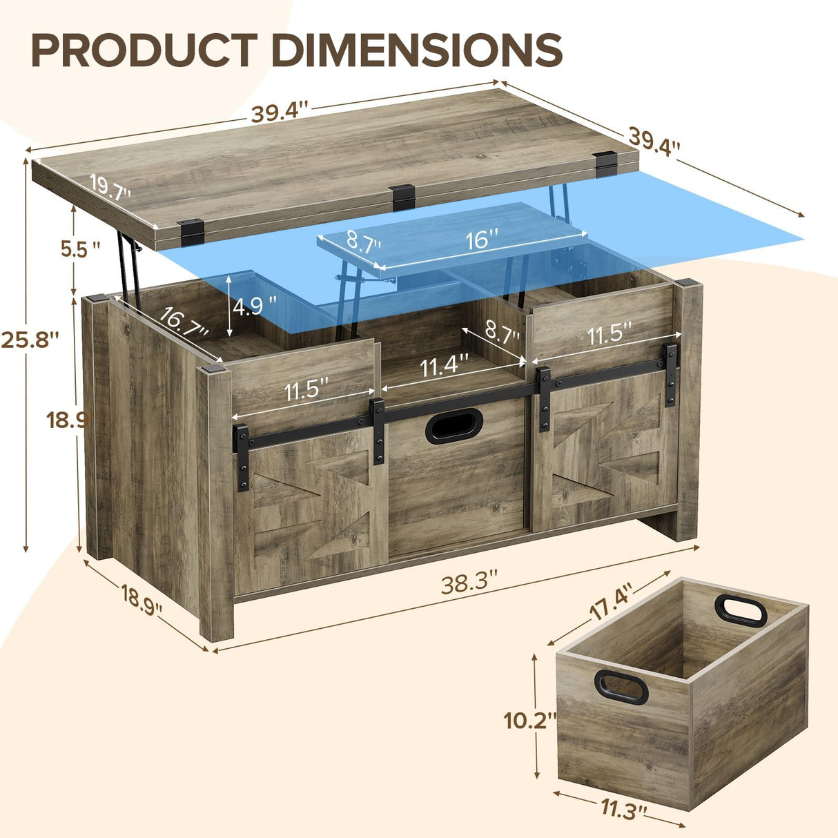 Memobarco 40" Farmhouse Lift Top Coffee Table with Sliding Barn Door,4 in 1 Multi-Function Coffee Tables with Storage Drawers & Hidden Compartment,Converts to Dining Table for Living Room,Grey Memobarco