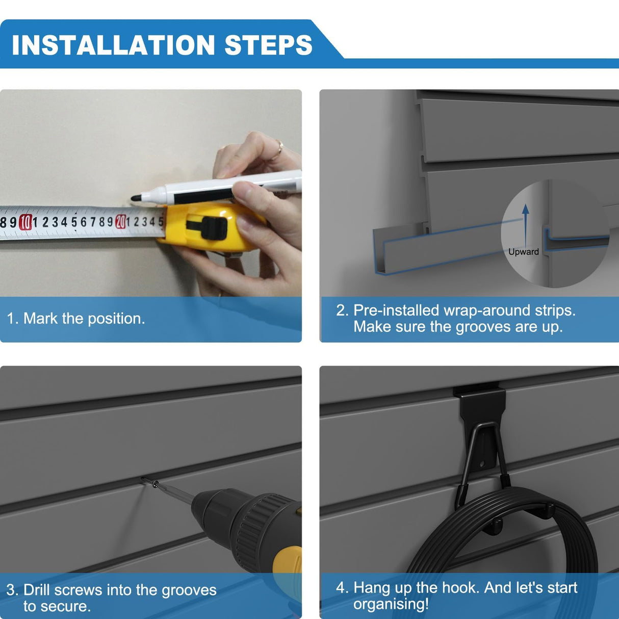 Duzzy Slatwall Panel, 4' H x 8' W PVC Slat Wall Paneling for Garage Wall Storage Organizer with Slatwall Hooks and Hangers (Grey) Duzzy