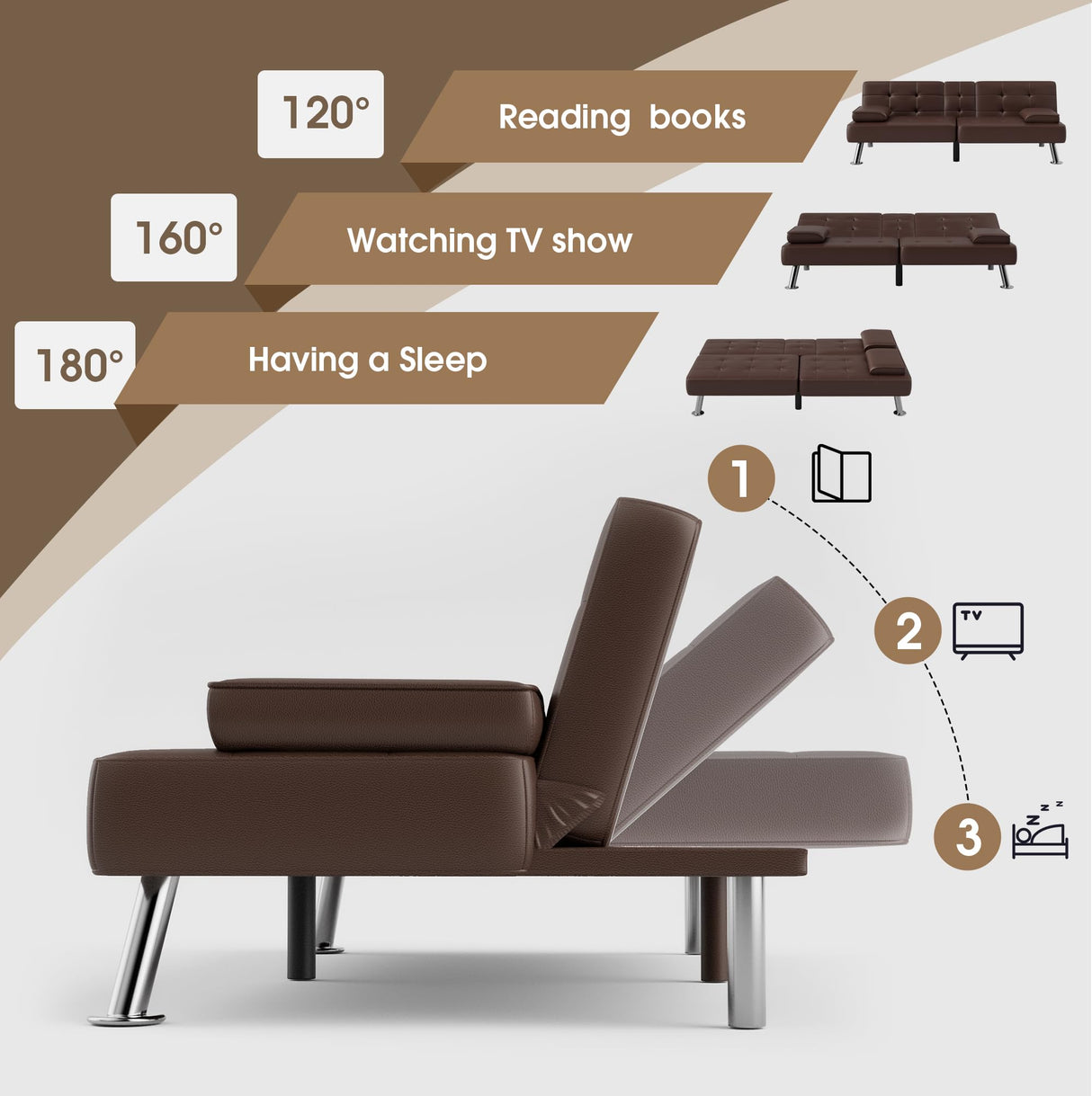 Flamaker Futon Sofa Bed Modern Folding Futon Set Convertible Recliner Lounge for Living Room with 2 Cup Holders, Removable Armrests (PU Leather, Brown) Flamaker