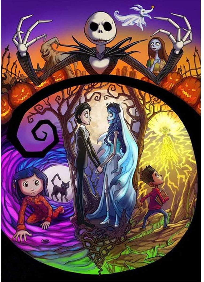 DIY Diamond Painting Jack and Sally Halloween 12x16Inch, Full Round Drill Kits Nightmare Before Christmas Cross Stitch Mosaic Art for Adults Relax & Home Wall Decor Festival Gift Bysincy