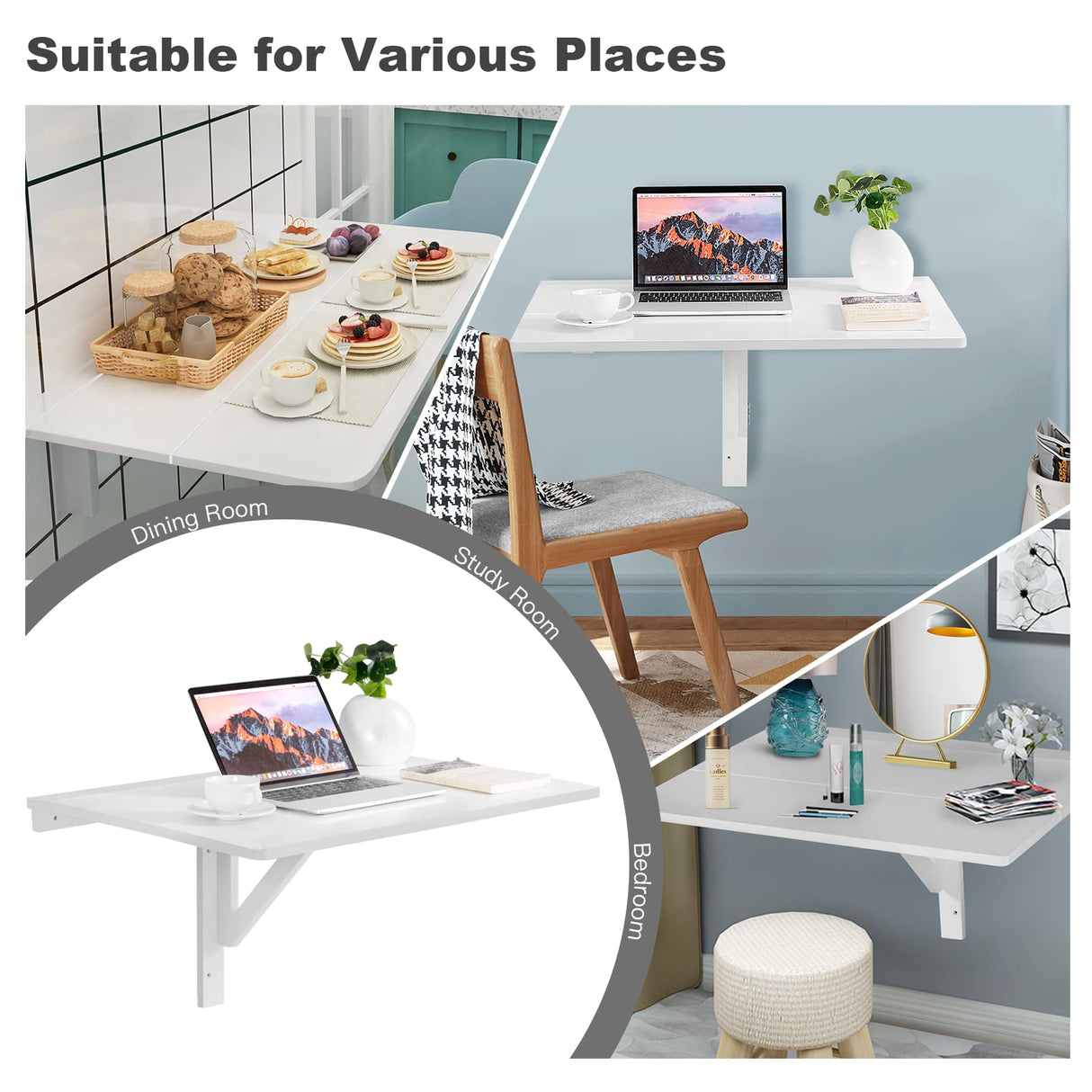 IFANNY Wall Mounted Folding Desk, Fold Down Desk Drop Leaf Table, Laundry Folding Table, Wood Floating Desk for Wall, Foldable Computer Desk Wall Mount, Wall Desks for Small Spaces (White) IFANNY