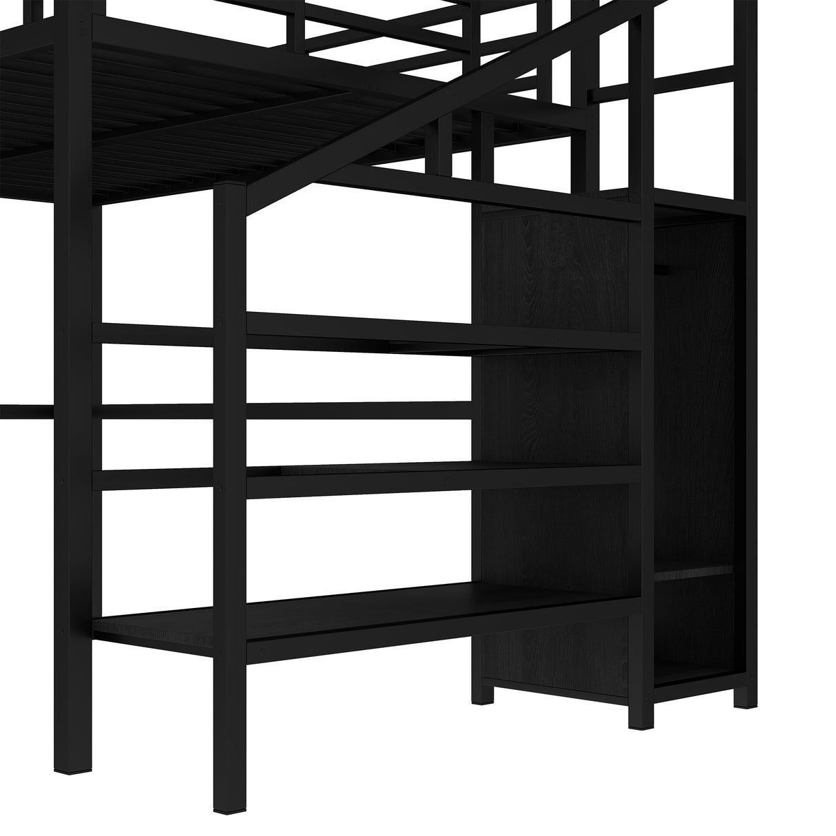 Queen Loft Bed with Desk and Stairs, Metal Loft Bed with Storage Shelves and Wardrobe, Heavy-Duty Loft Beds with LED Lights and USB Ports for Kids, Teens, Adults, Black Bellemave