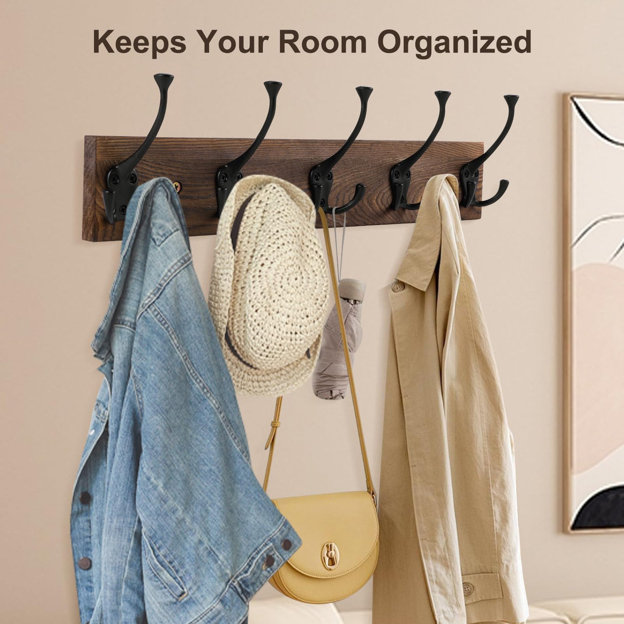 Gohiuo Rustic Wall Mount Coat Rack, 17" Coat Hooks Wall Mount Wood Coat Rack with 5 Triple Hooks, Heavy Duty Wooden Wall Mounted Coat Hanger for Entryway, Farmhouse Hanging Coats, Hats, Bags,Towels Gohiuo