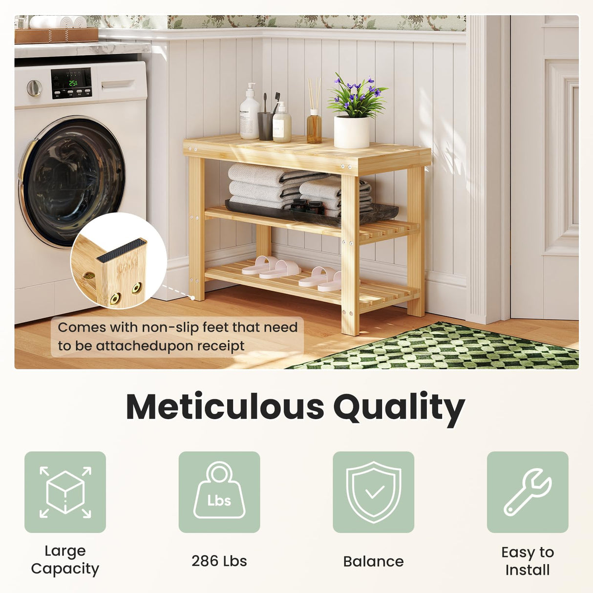 DUMOS Shoe Rack Bench, 3-Tier Bamboo Entryway Benches, Holds Up to 286 lb Storage Organizer, 11.3 x 27.6 x 17.8 Inches, Suitable for Bedroom Living Room Balcony, Wood DUMOS