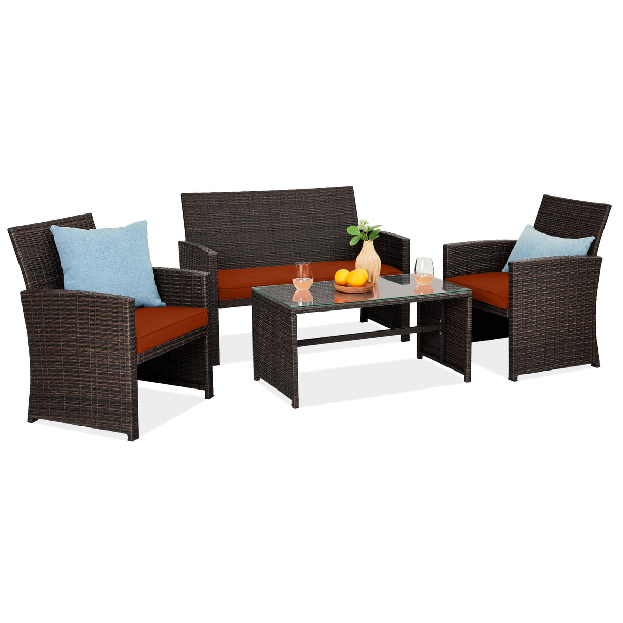 Best Choice Products 4-Piece Outdoor Wicker Patio Conversation Furniture Set for Backyard w/Coffee Table, Seat Cushions - Brown/Dark Rust Best Choice Products