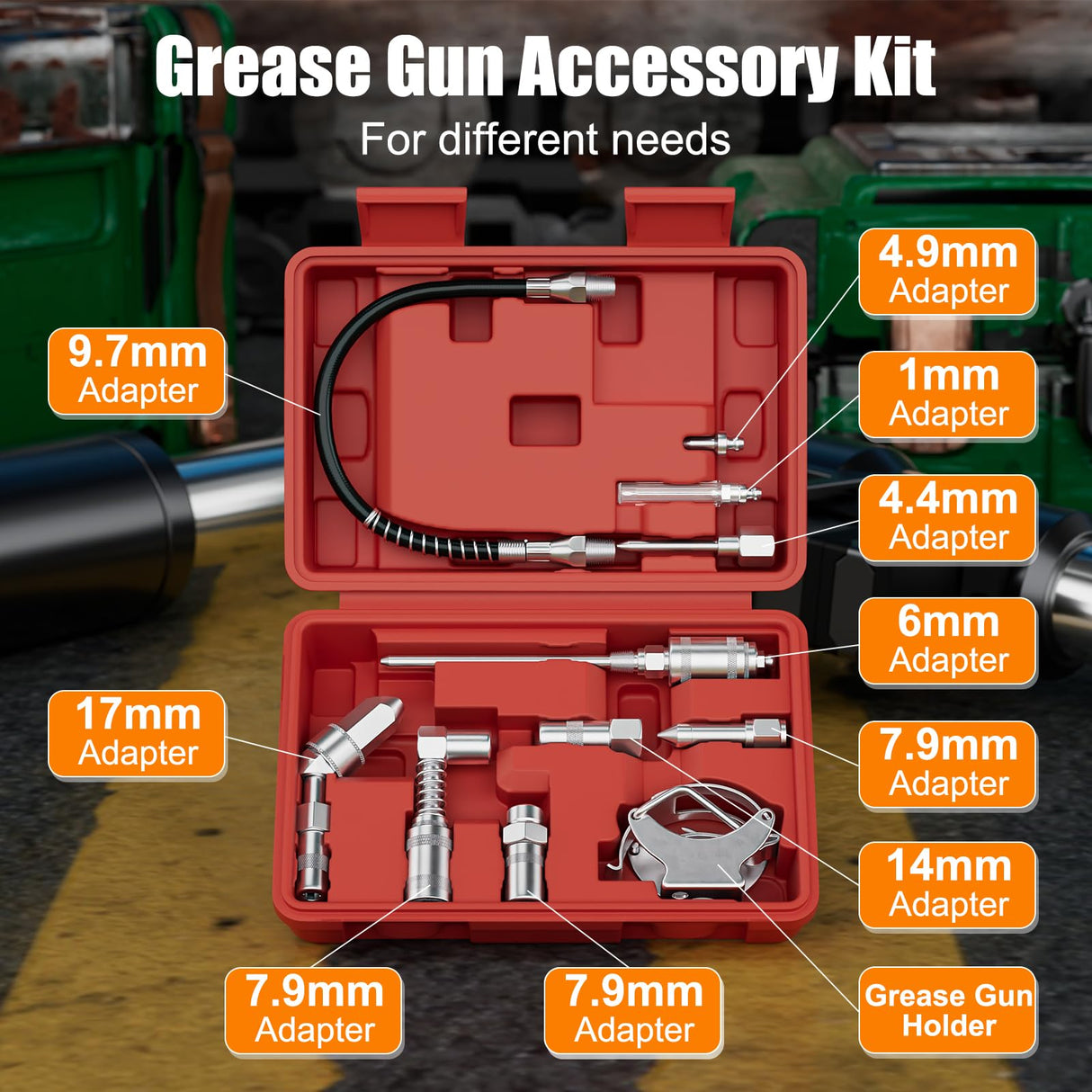 HTOMT 11pcs Grease Gun Lubrication Accessory Kit,360° Grease Coupler Adapter Multi-Function Quick Connects to Any Grease Fit on Any Machine,Connect Greasing 3 Types of Nozzles,Flexible Hose Extension HTOMT