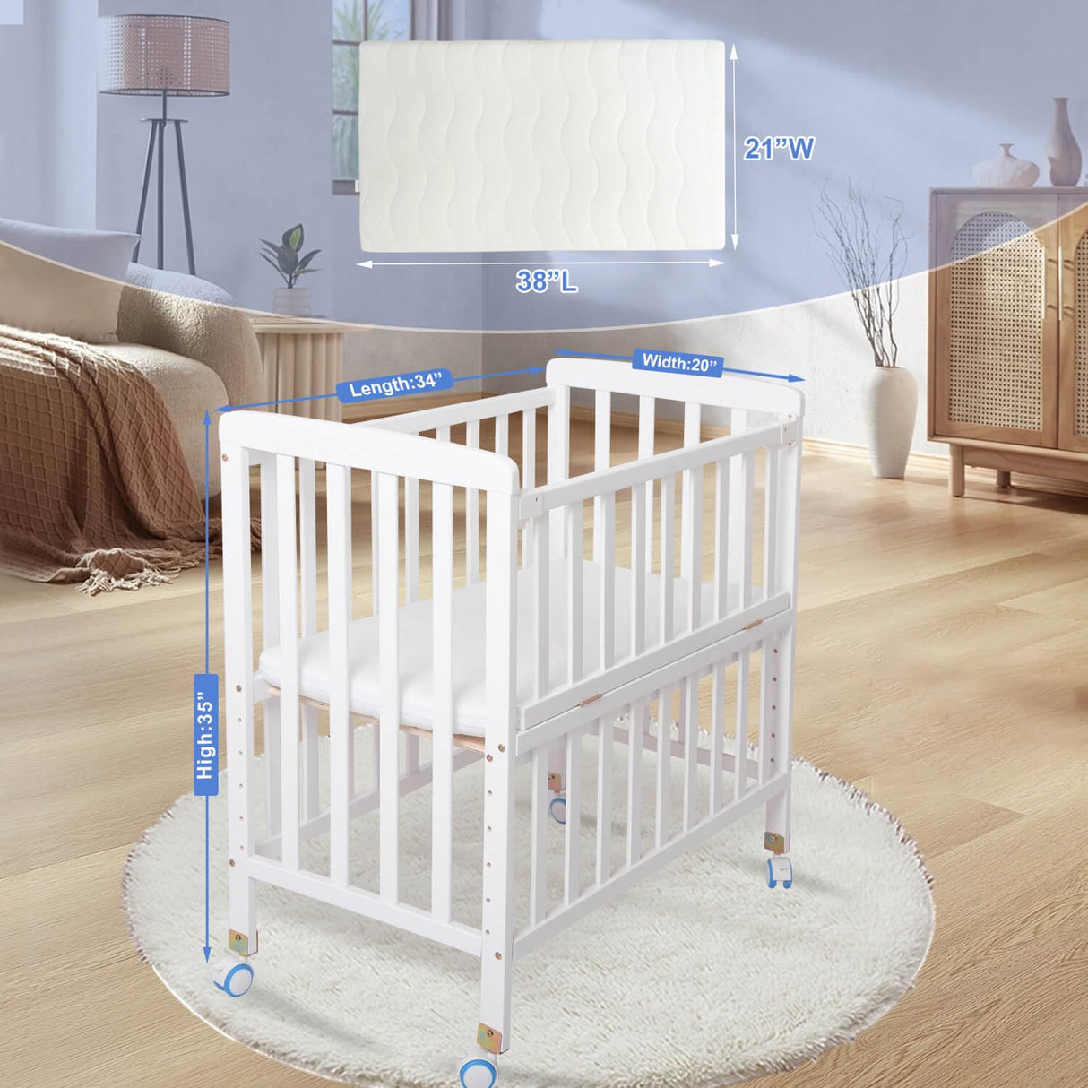 Flwrgirl Baby Bassinets Bedside Sleeper - Pine Wood Bassinet Bedside Sleeper,6 Heights Bedside Bassinet for Baby,Co Sleeper for Baby in Bed with Mattress,Baby Bedside Bassinet Crib,White Flwrgirl