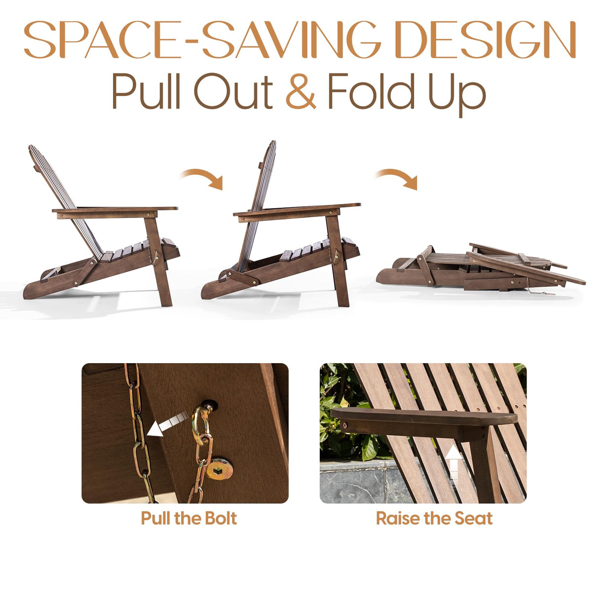 IDZO Set of 2 Outdoor Wooden Folding Adirondack Pre-Assembled BackRest, Wood Patio Chair for Garden Backyard Porch Pool Deck Firepit IDZO