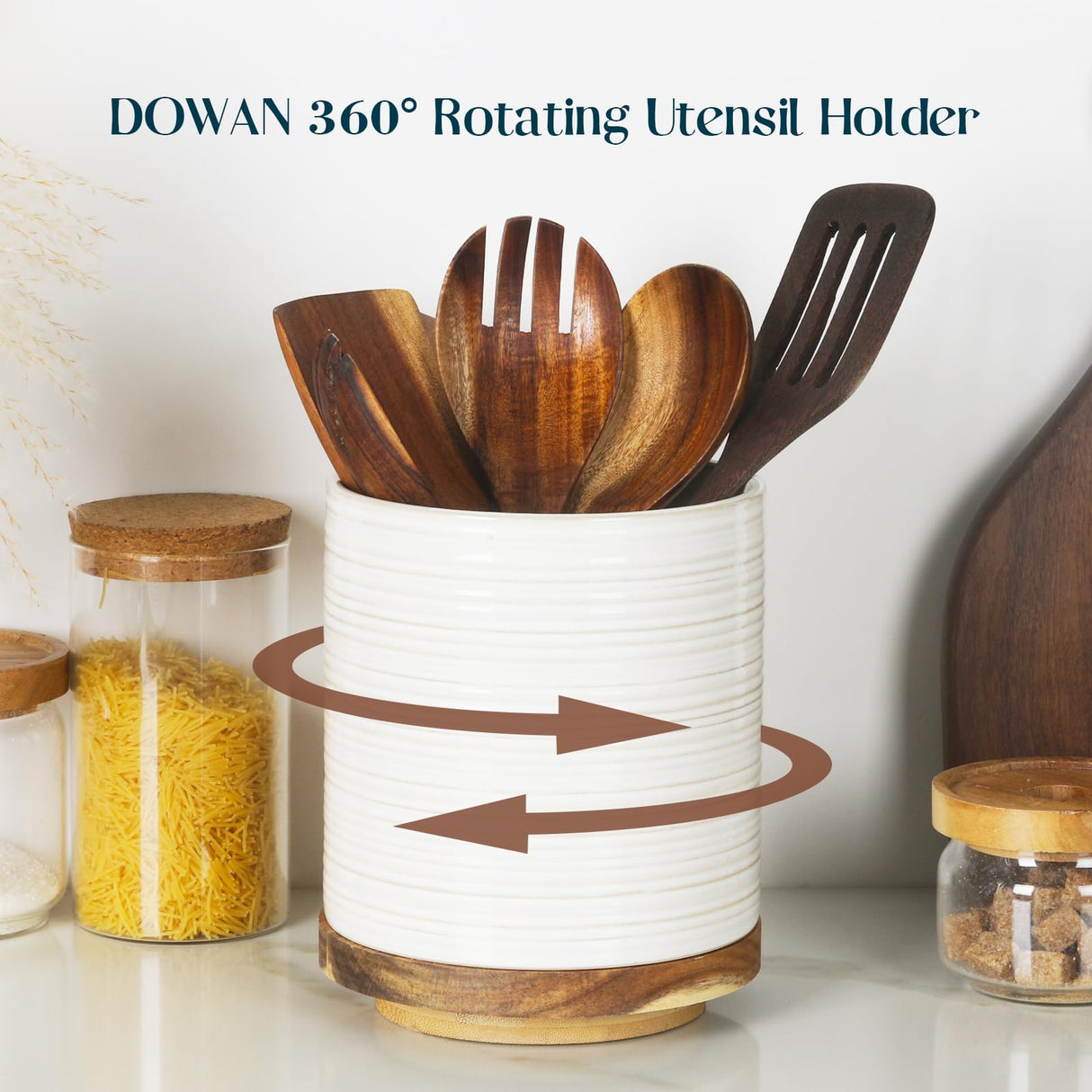 DOWAN Utensil Holder, 360° Rotating Extra Large Cooking Utensil Holder, 7.6" Kitchen Utensil Holder for Countertop, Utensil Crock for Farmhouse Kitchen Decor, Ceramic Stable Utensil Caddy, White DOWAN