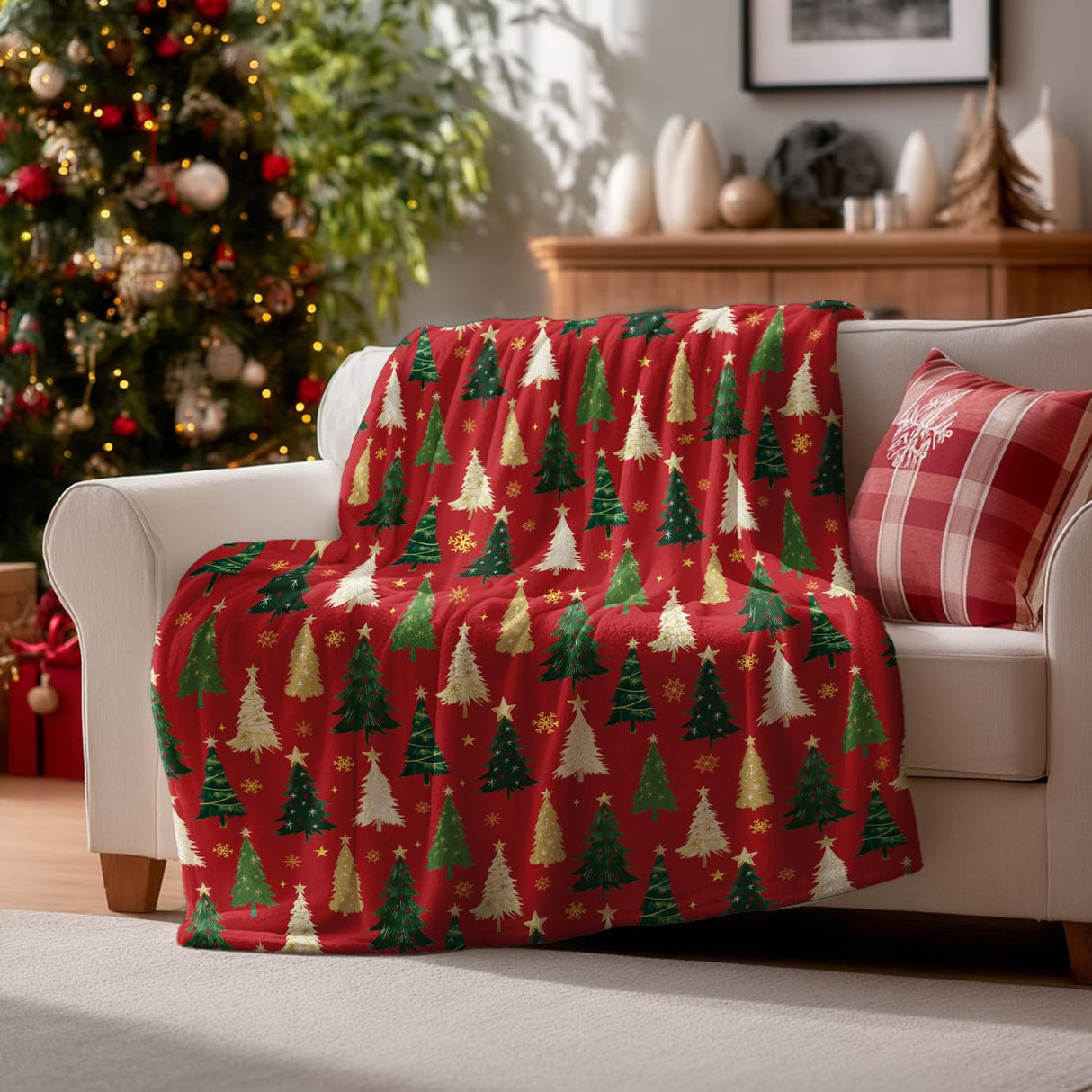 Horaldaily Christmas Flannel Blanket Throw, Christmas Red Tree Soft Fuzzy Plush Cozy Fleece Blankets for Couch Sofa Bed Lounging, Ideal Gifts for Kids Adults Wife Self, 50x60 Horaldaily