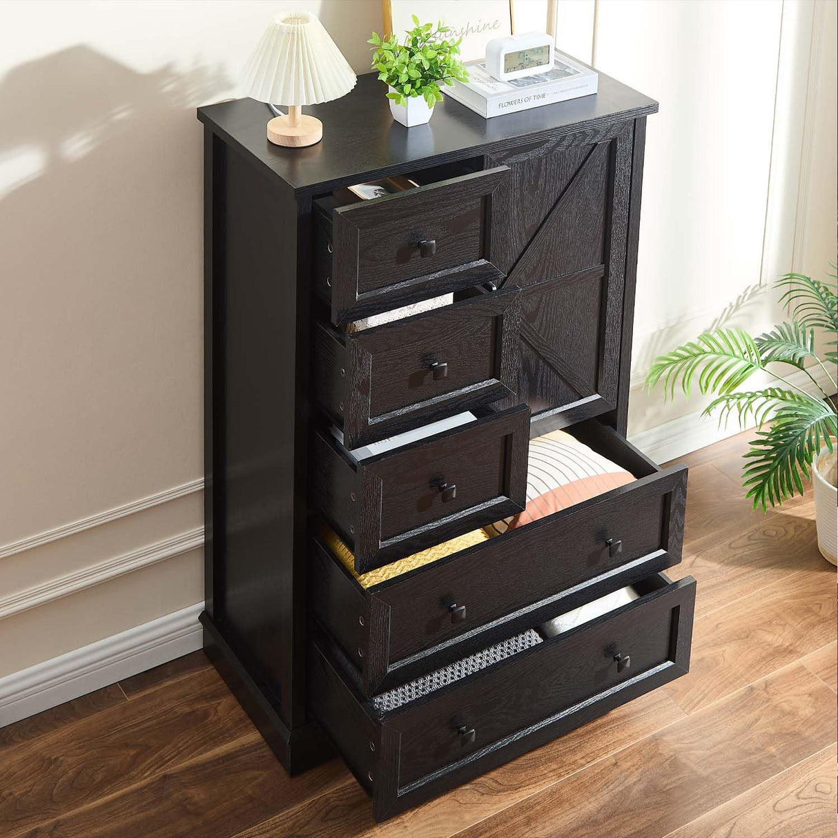 SOOWERY Dresser for Bedroom, 5 Drawer Wood Dresser, Black Dresser Farmhouse Dressers with 5 Wooden Drawers and Storage Cabinet, 48 Inch Tall Chest of Drawers for Bedroom, Living Room SOOWERY