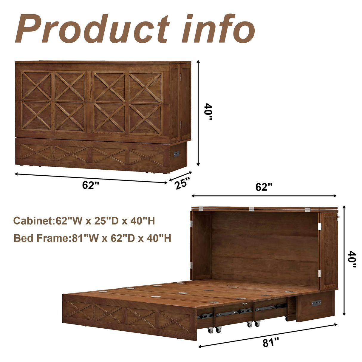 Keloyid Solid Wood Murphy Bed Cabinet:Queen Size Murphy Bed with USB Charging Station and Large Storage Drawer for Home,Optimize Sleeping Space(Mattress Not Included) Khaki-23 Keloyid
