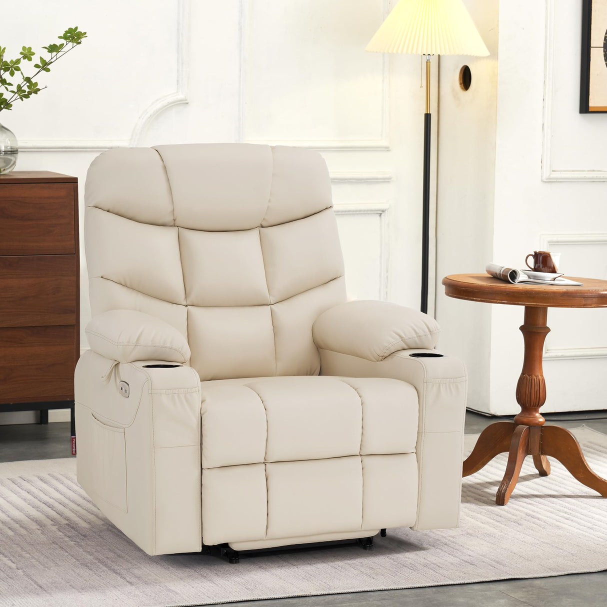 MCombo Power Lift Recliner Chair, 2 Cup Holders, USB Ports for Elderly People, Faux Leather 7288 (Cream White, Medium-Regular) MCombo