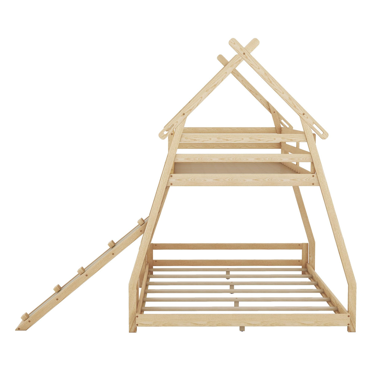 Merax Twin Over Queen Solid Wood Bunk Bed with Climbing Ramp and Nets for Kids and Teens - Natural Finish Merax