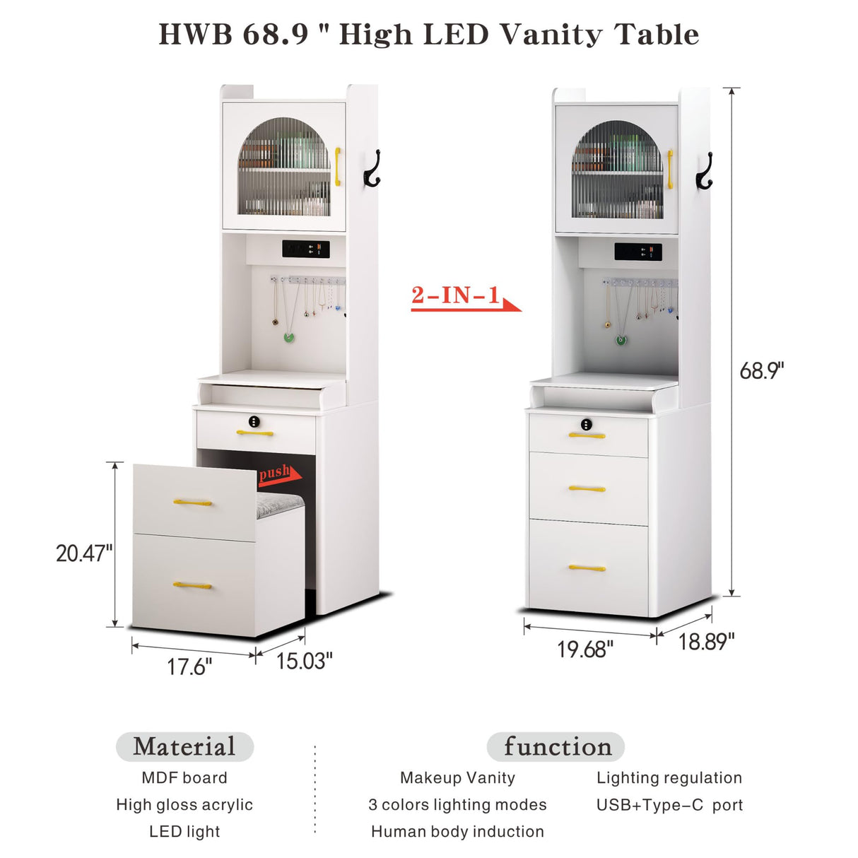 Small Vanity Desk with Mirror and Lights, Makeup Vanity Table with Drawers for Small Space, Compact Mini Corner Vanity Set Dressing Table - Charging Station & Human Motion Sensing for Bedroom (White) HWB
