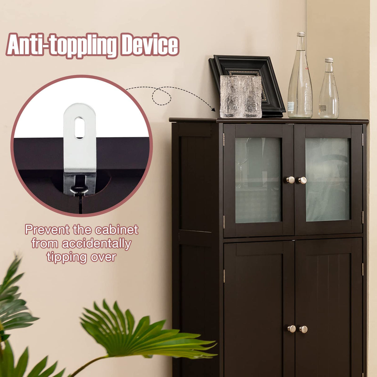 Tangkula Brown Freestanding Bathroom Floor Cabinet with Glass Doors and Adjustable Shelf Tangkula