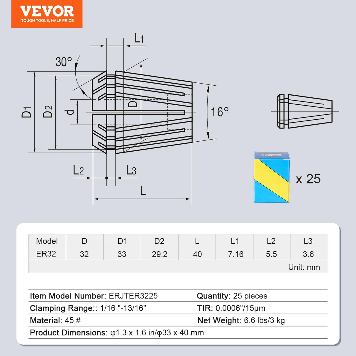 VEVOR 25 pcs ER32 Spring Collet Set 0.0006"/15 μm TIR Lathe Chuck Tool with 25 Labeled Storage Boxesfor CNC Engraving Machine Milling Lathe Tool Drill Press VEVOR