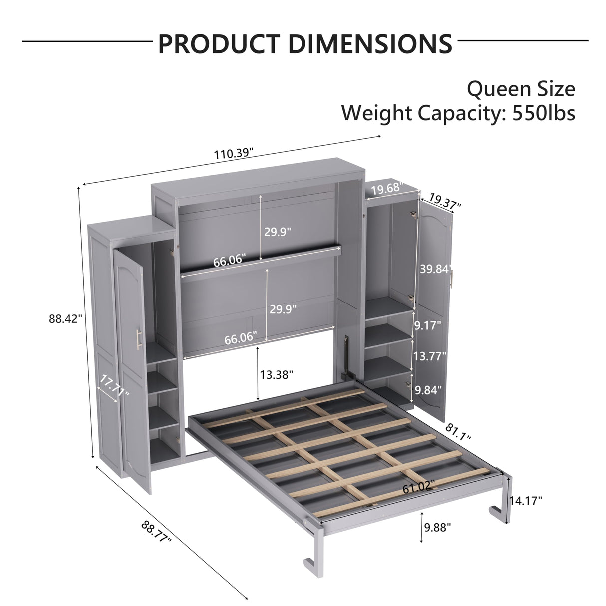 Merax Queen Size Wood Murphy Bed, with 2 Wardrobe and Storage Shelf, Multifunctional Foldable Wall Platform Bedframe for Guest-Room, Bedroom, Gray Merax