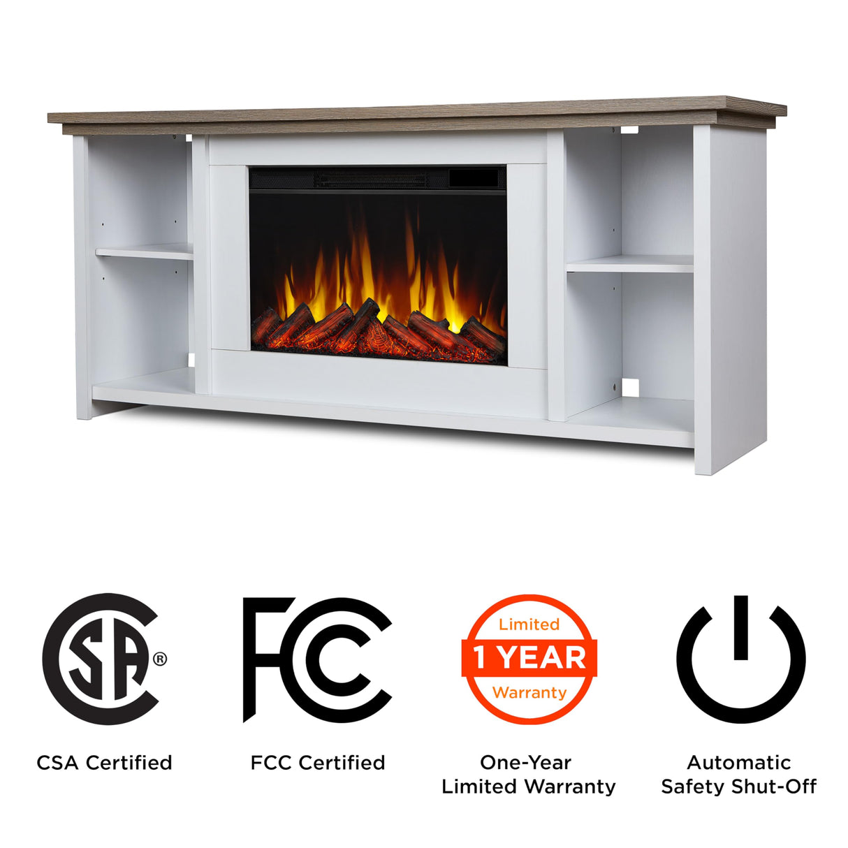 Real Flame Tramore 62" Slim Electric Fireplace TV Stand for TVs up to 60 inches, Entertainment center with adjustable shelves and storage, TV Stand for Living Room and Bedroom, Remote control, White Real Flame