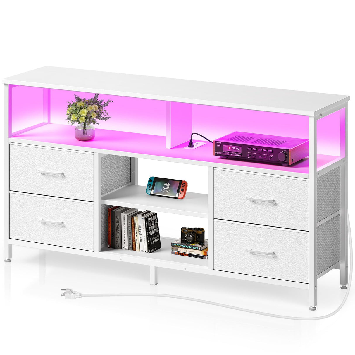 Rolanstar TV Stand with Power Outlets and LED Light, 4 Fabric Drawers Entertainment Center for 32/45/55/65 inch TVs, Media Console with Storage for Living Room or Bedroom, White Rolanstar