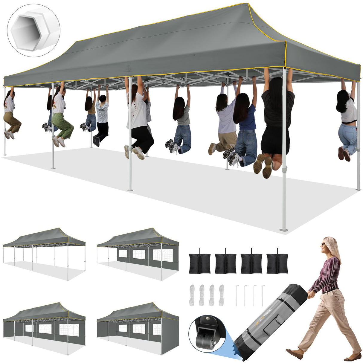 HOTEEL 10x30 Pop up Canopy Tent for Parties, Heavy Duty Easy Setup Tent with 5 Sidewalls, Outdoor Commercial Instant Gazebo for Wedding Event, with Roller Bag & Sand Bags, Grey(Hexagonal Frame) Hoteel