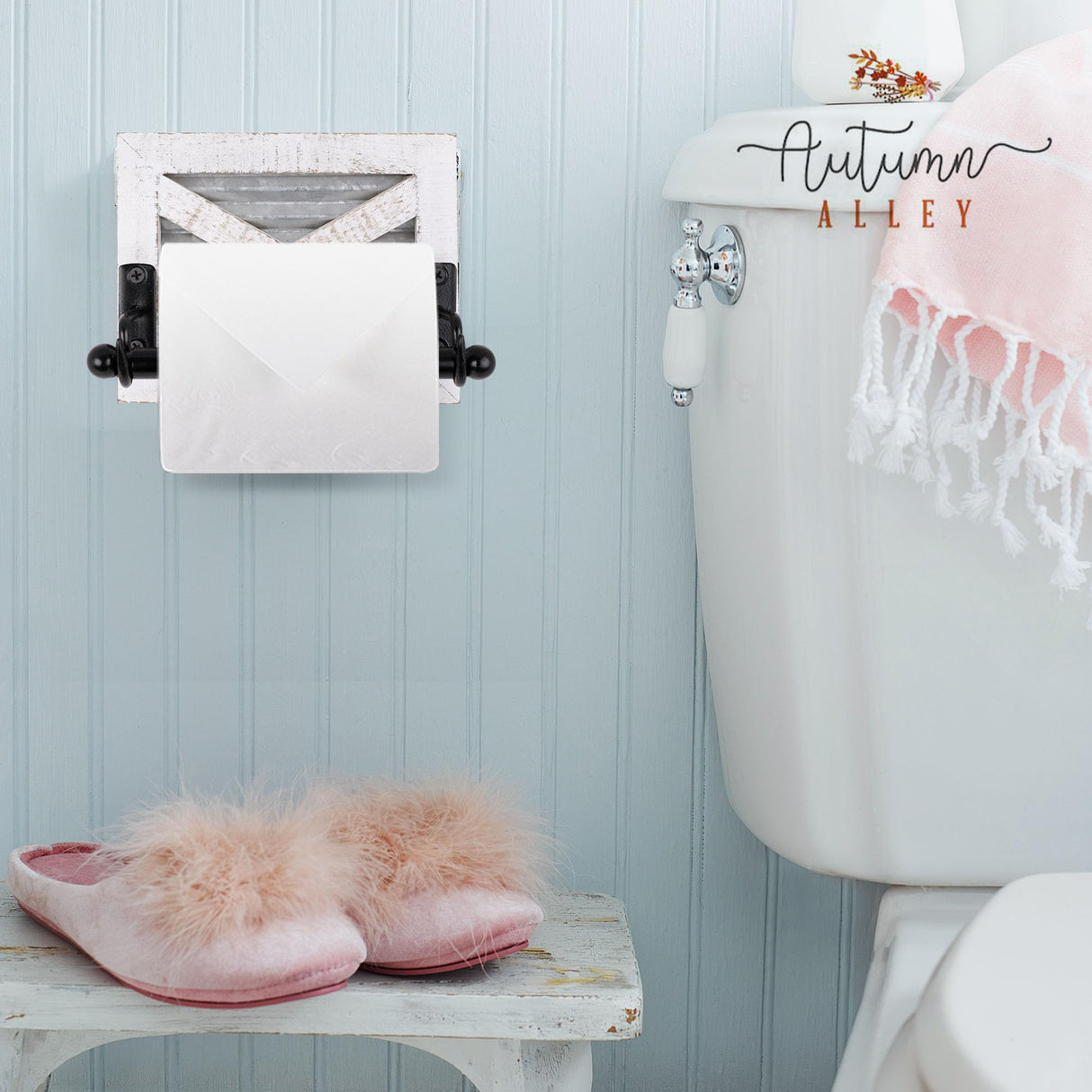 Autumn Alley White Farmhouse Toilet Paper Holder Wall - Farmhouse Bathroom Decorative Accessories Country - White Washed Wood, Galvanized Metal & Matte Black Metal - Adds Rustic Bathroom Charm Autumn Alley