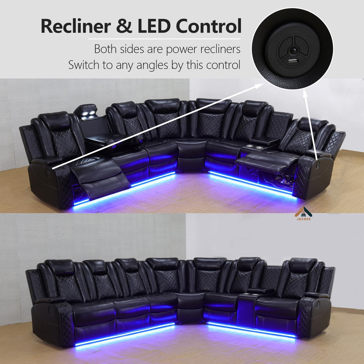 JBXBER Power Recliner Sectional Sofa Set with LED Lights, Leather Reclining Sectional Couch Sets with USB Ports, Cup Holders, Storage Console, L-Shaped Home Theater Seating for Living Room(Black) JBXBER