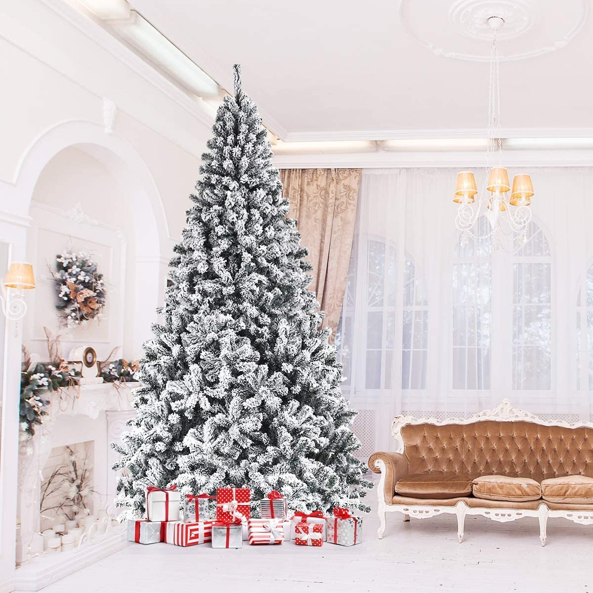 SPSUPE Artificial Christmas Tree, Premium PVC Xmas Full, Flocked Snow Pine Tree with Solid Metal Stand, Ideal for Indoor and Outdoor (9FT), White SPSUPE