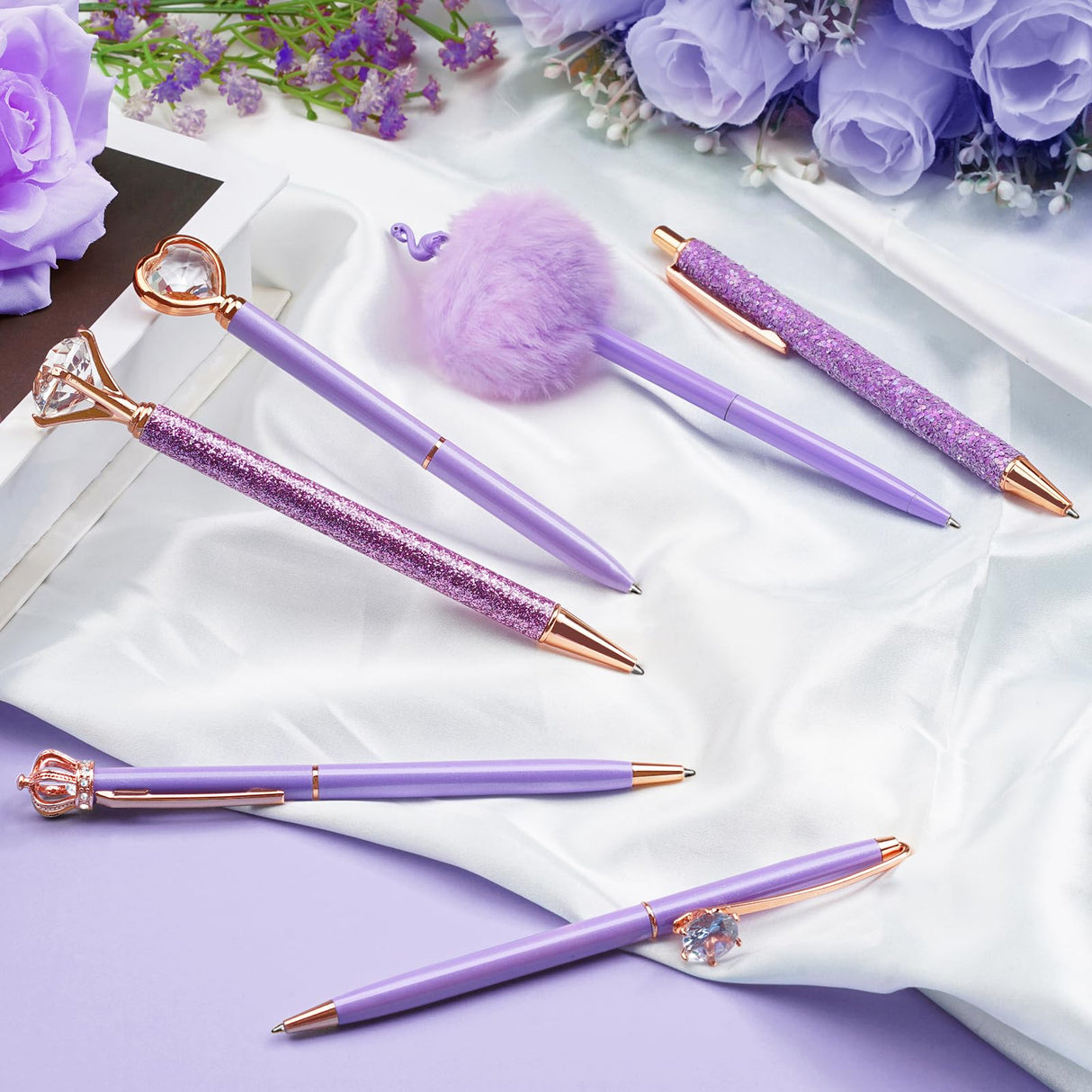 WEMATE 8Pcs Ballpoint Pens Set Metal Crystal Diamond Pen Glitter Pen for Journaling Purple Pens Bling in Black & Blue Ink Pretty Cute Pens Fancy Pens Gifts for Women Wedding School Office Desk(Purple) WEMATE