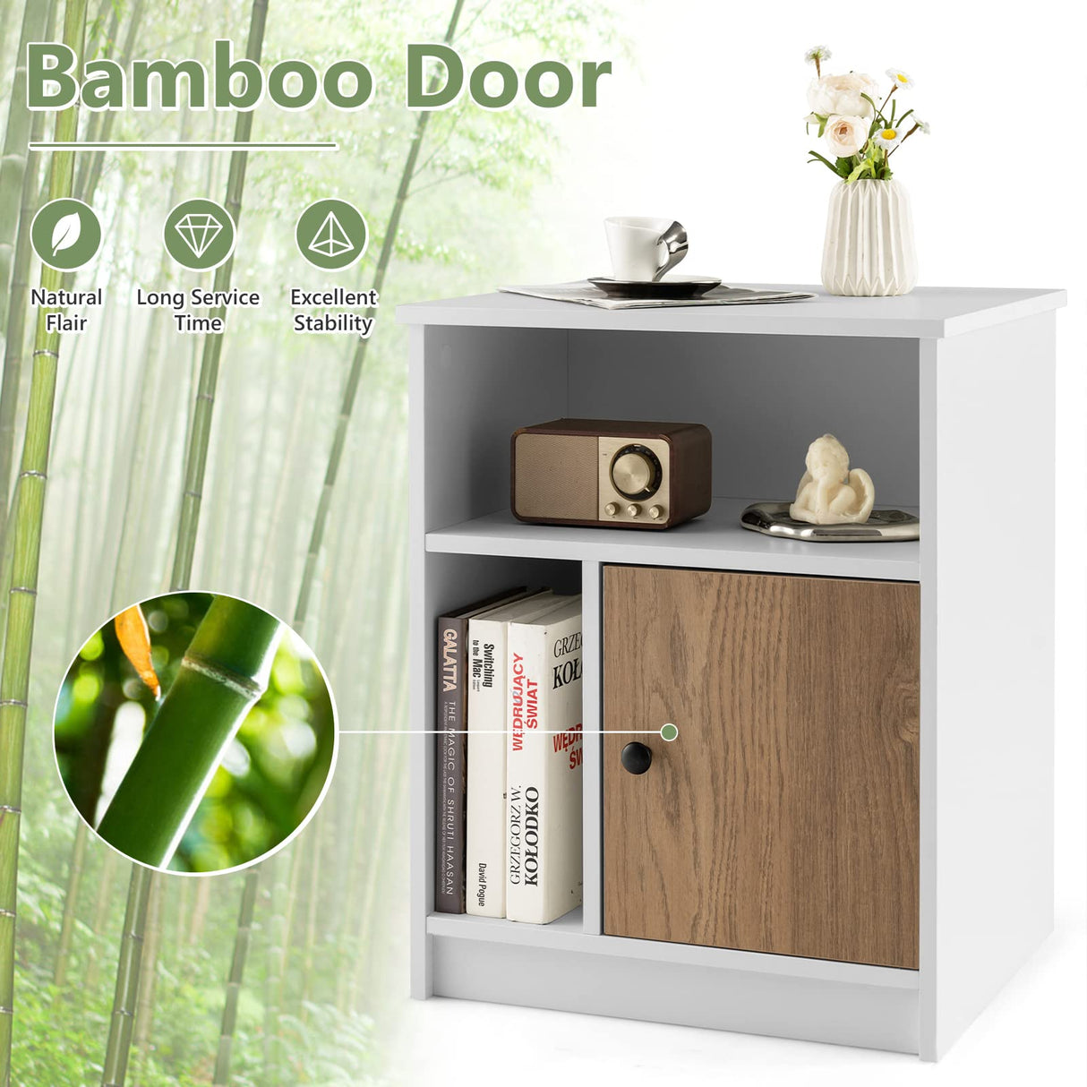 Tangkula Nightstand Set of 2, Wooden Sofa Side End Table with Bamboo Door & Open Compartments, Multifunctional 3 Tier Bedside Table for Bedroom, Accent Table with Storage (2, White) Tangkula