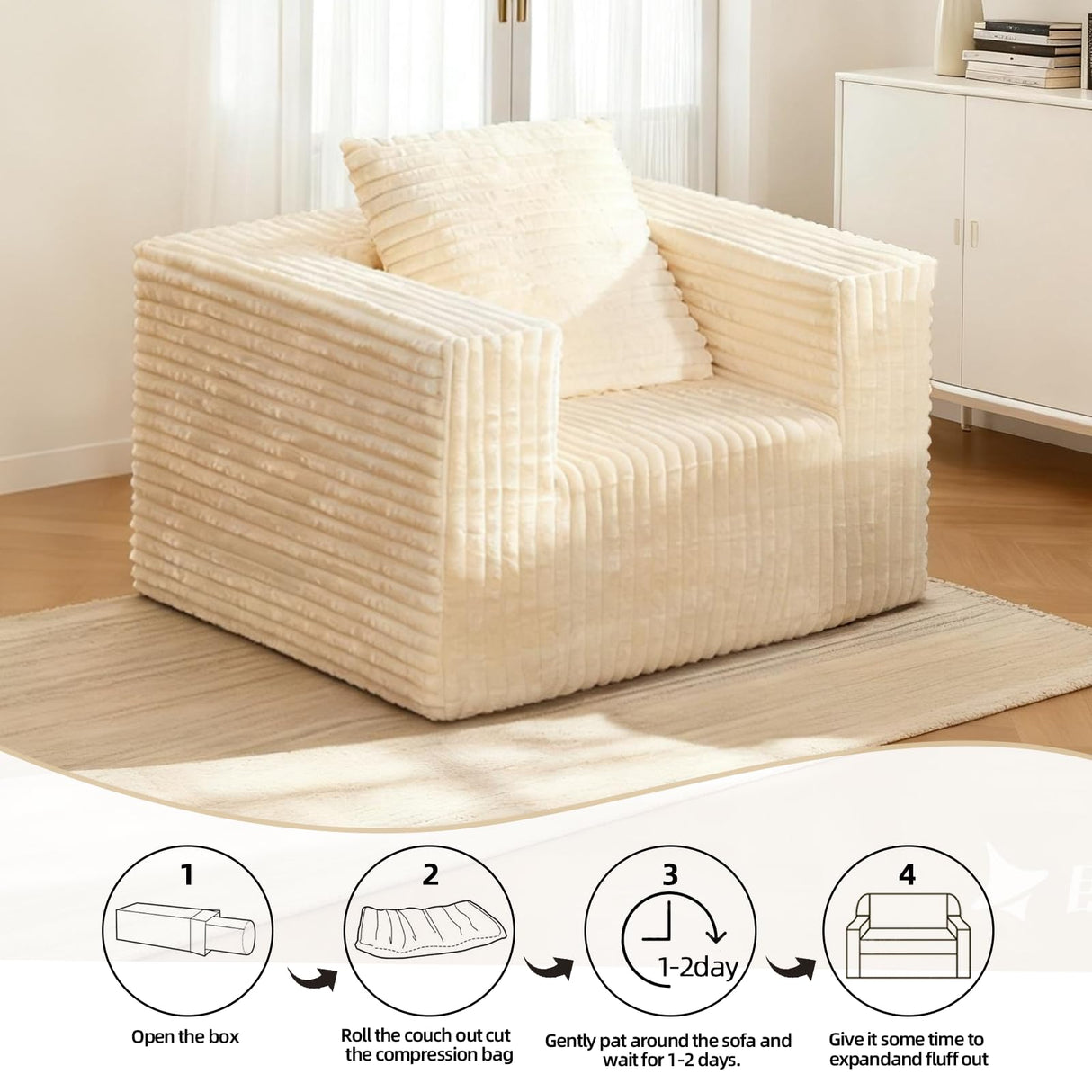 Single Cloud Sofa, Giant Bean Bag Chair with High Backrest & Wider Armrest, Foam Boneless Couch for Small Spaces, Comfy Furry Sofas with Pillows for Living Room, Bedroom, Apartment, Dorm, Office Sonovafurn