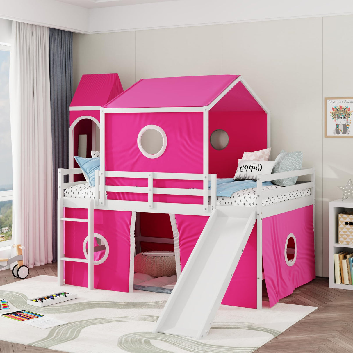 Ball & Cast Full Size Loft Bed with Slide and Tower,Loftkbed w/Ladder & Full-Length Guardrails,Slat Support,No Box Spring Needed,Space Saving,Slat Support,Bedframe for Child's Bedroom,Pink Ball & Cast