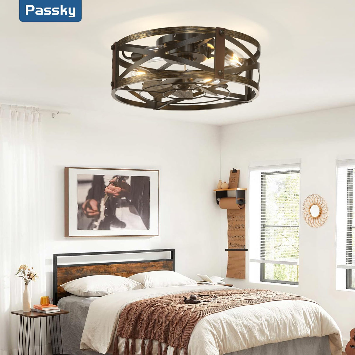 Passky 20" Farmhouse Flush Mount Ceiling Fans with Lights and Remote, Industrial Black Caged Low Profile Fandelier, 6 Speeds Bladeless Ceiling Fan for Bedroom, Kitchen, Living Room Passky
