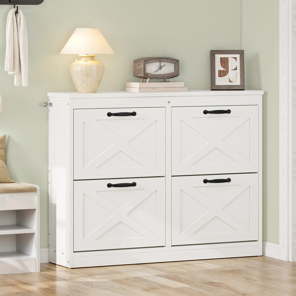 YITAHOME Shoe Cabinet with 4 Flip Drawers, Freestanding Shoe Rack, Shoe Organizer, Narrow Shoe Cabinet for EntryWay Hallway Living Room, White YITAHOME